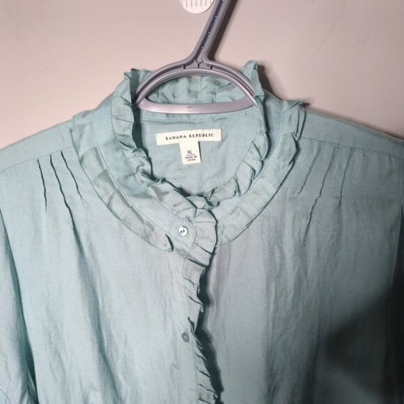 Banana Republic Silk Cotton Ruffle Teal Short Sleeve Button Top Size XL - Picture 4 of 9